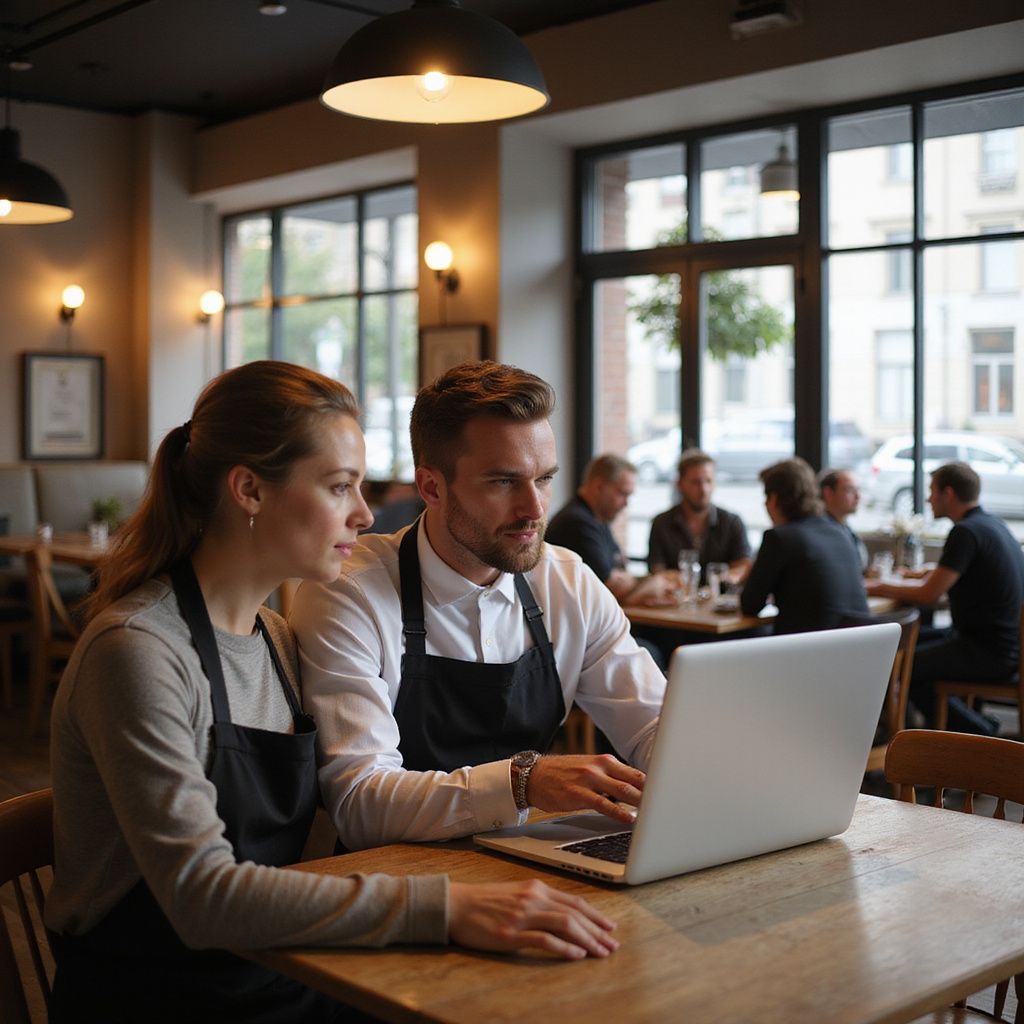 Two people in aprons look at a laptop in a restaurant, with other patrons visible.