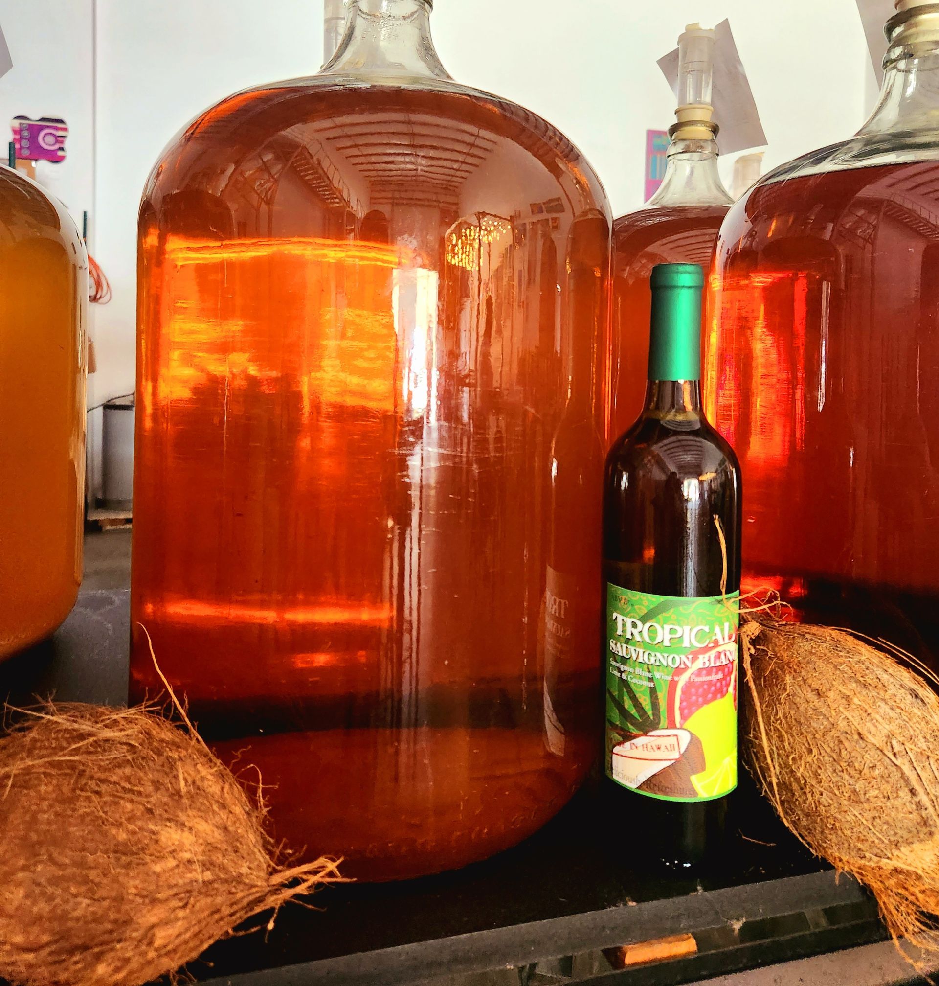 A Bottle Of Tropical Wine Sits Next To Some Coconuts | Kailua, HI | Oeno Winemaking