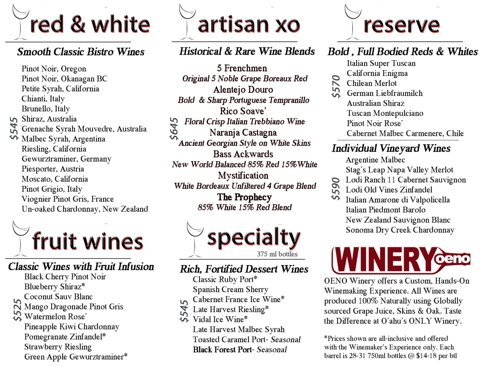 Wine Prices - Kailua, HI - Winery Oeno