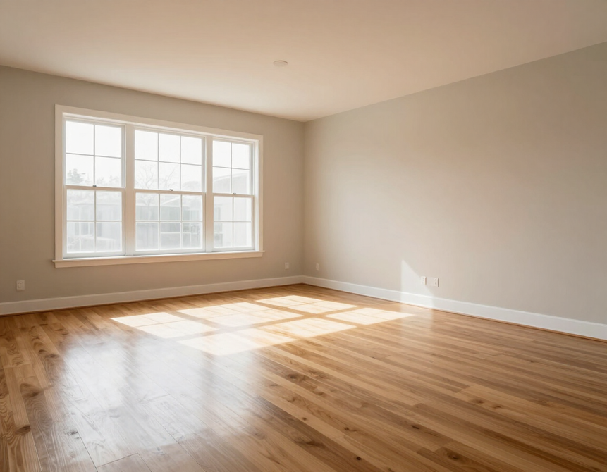 Empty sunlit living room with hardwood floors, large windows, and beige walls