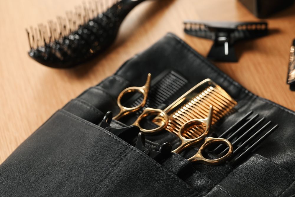 A pair of scissors and a comb in a black leather case