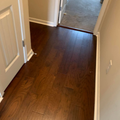 Narrow hallway with dark wood flooring and white walls leading to a carpeted room.
