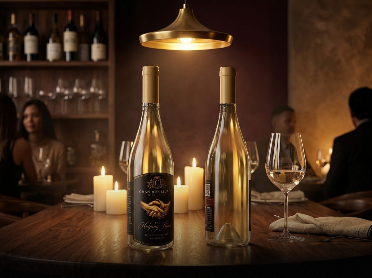 Elegant wine bottles and glasses on a candlelit table in a cozy bar or restaurant.