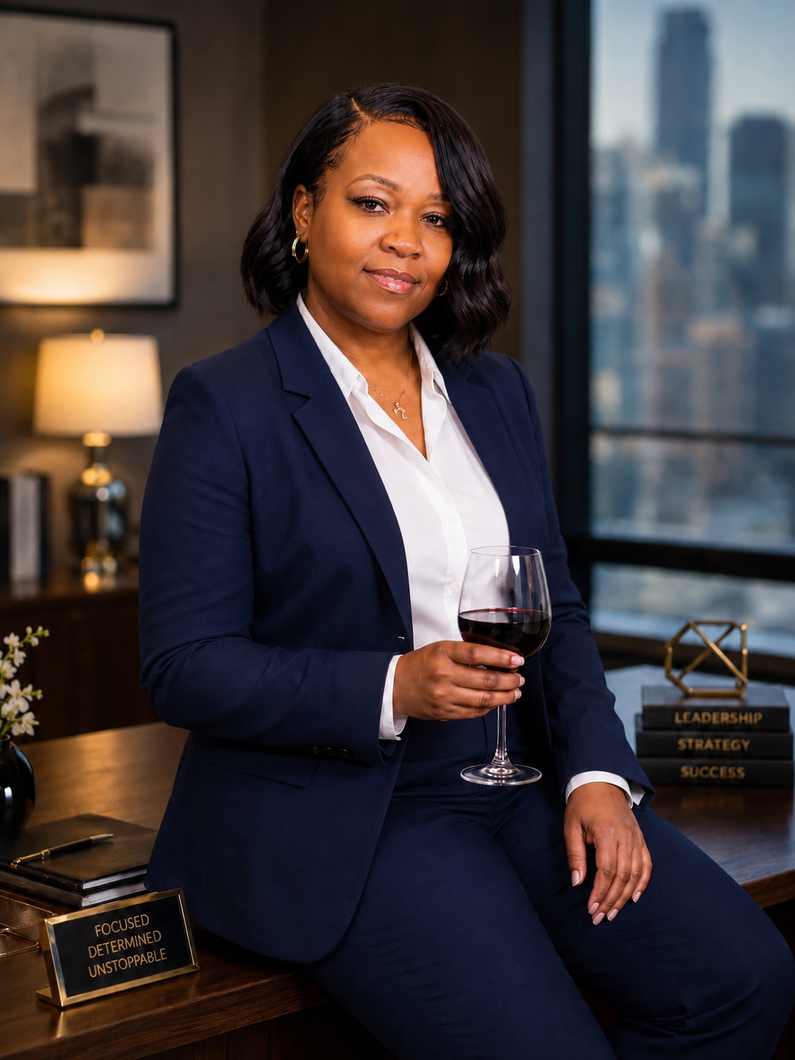 Woman in navy suit seated with a wine glass in a modern office with city views.