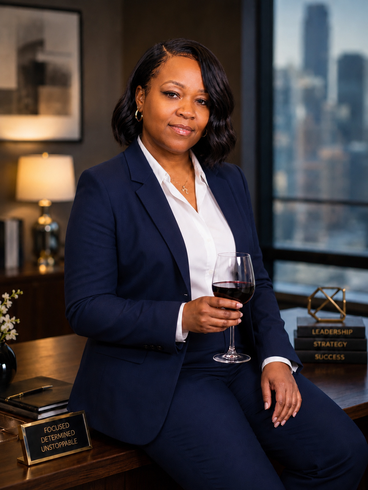 Woman in navy suit seated with a wine glass in a modern office with city views.