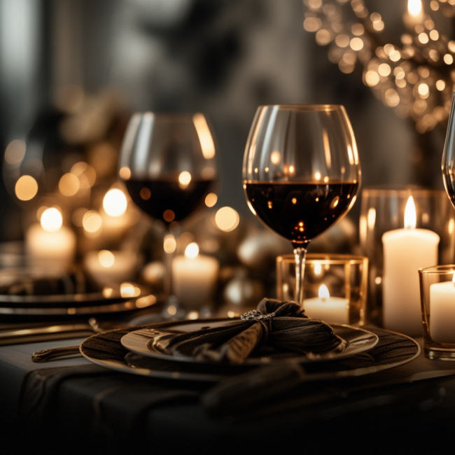 Elegant candlelit table set with wine glasses, dark tableware, and warm bokeh lights