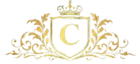 Gold ornate monogram shield with a letter C and decorative floral flourishes