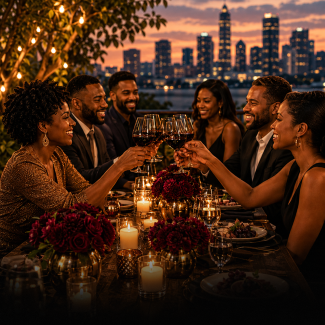 Friends toasting with wine at a candlelit dinner table