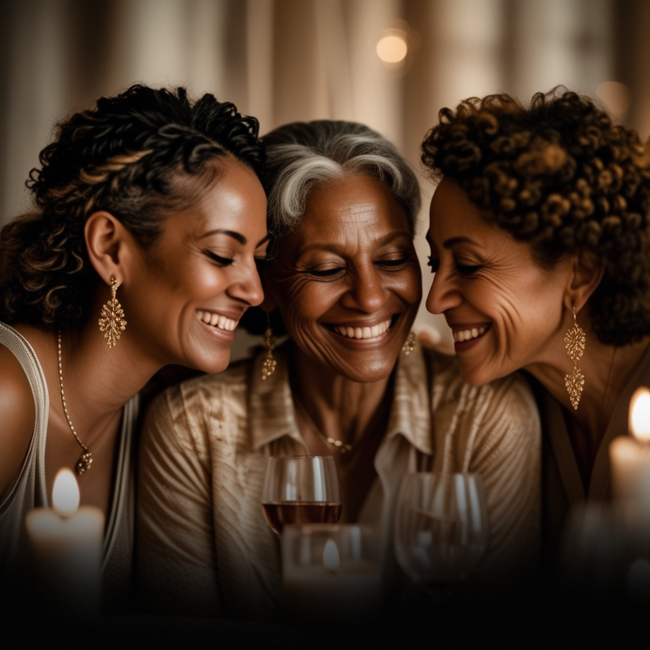 Three people smiling closely together at a candlelit dinner table, sharing a warm moment