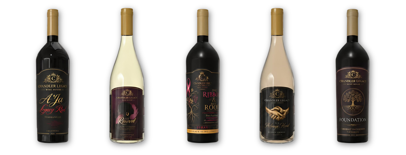 Gold-capped wine bottle with a black and gold label on a white background