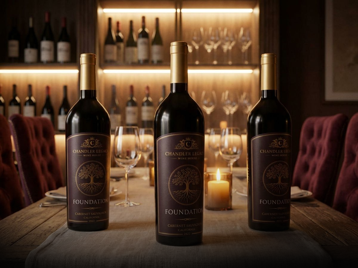 Three wine bottles on a table in a warm, upscale restaurant setting with candles and glassware