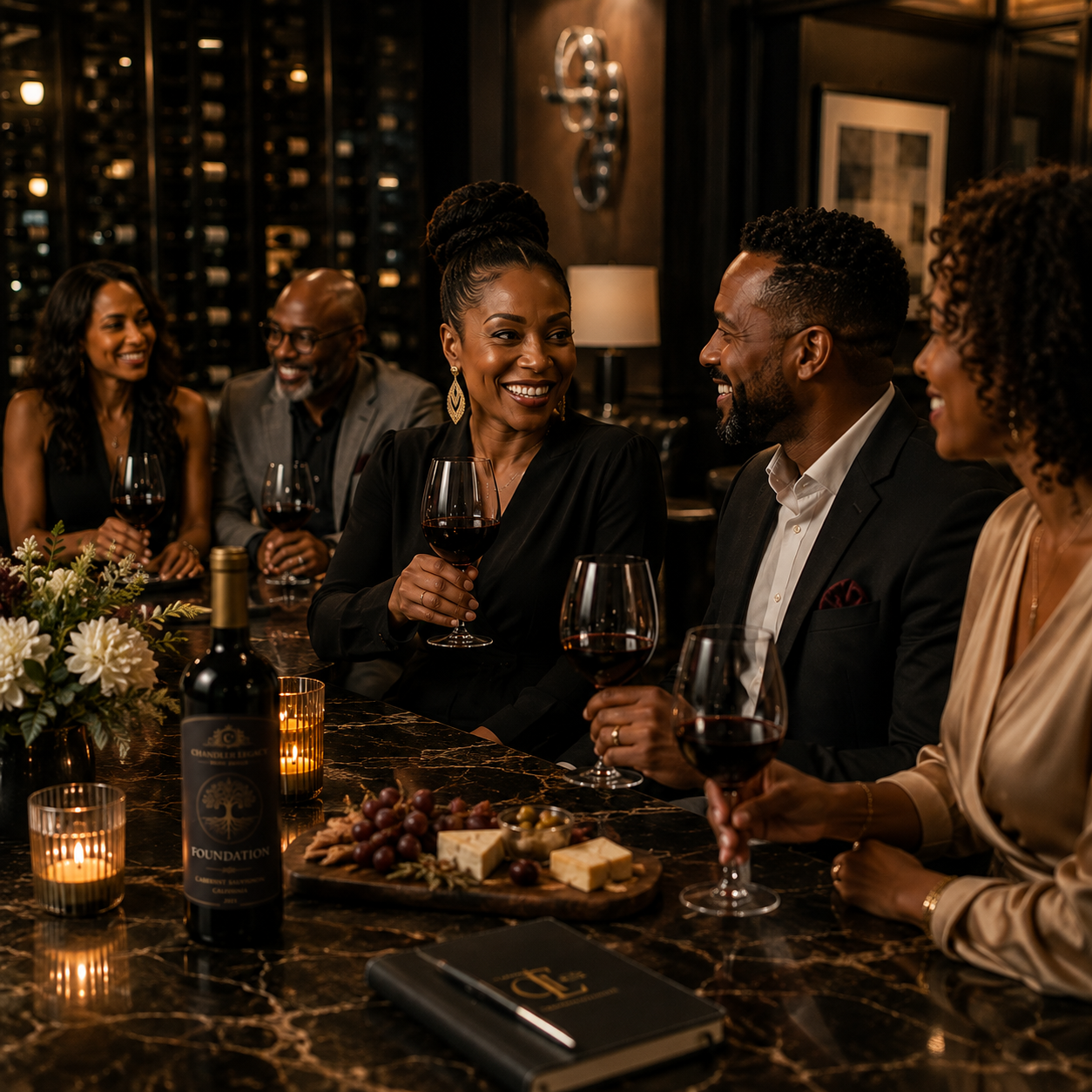 Four people sharing a candlelit dinner outdoors, smiling beside a floral centerpiece at sunset