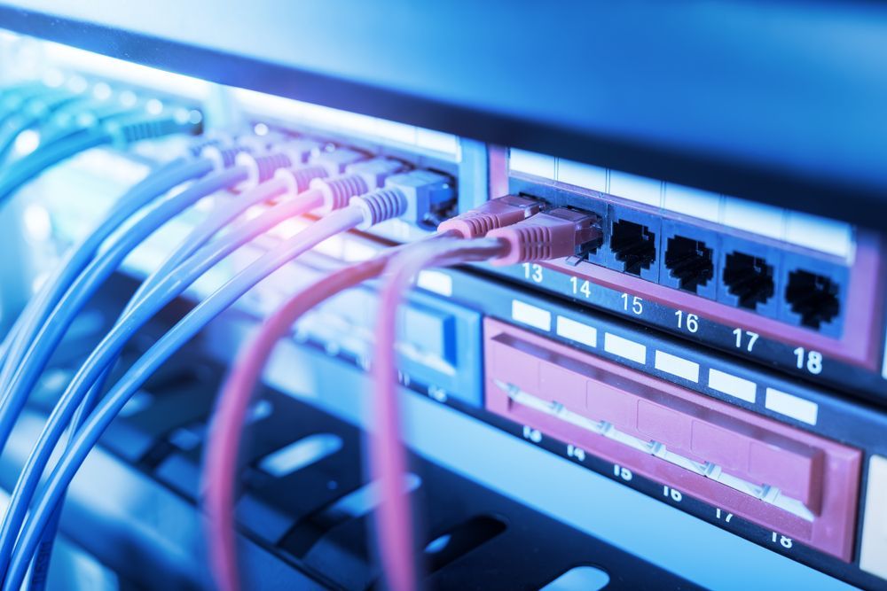 Network Switch With Ethernet Cables Plugged in. Blue and Red Cables, Blue and Pink Lights, in Server Room — Holders Electrical In Tenterfield, NSW