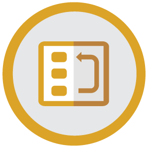 A gold circle with a square and an arrow in it