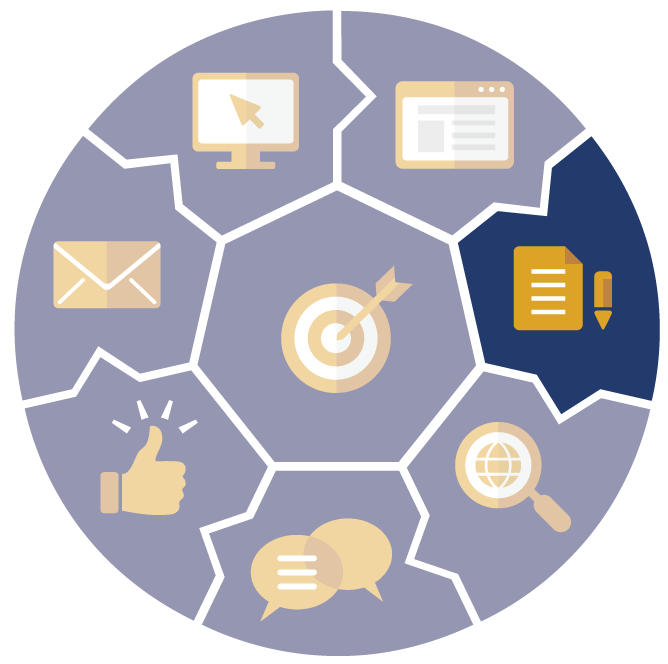 Marketing strategy diagram: Target in center, surrounded by icons for website, email, search, social media, content, and approval.