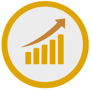 A graph with an arrow pointing up in a yellow circle