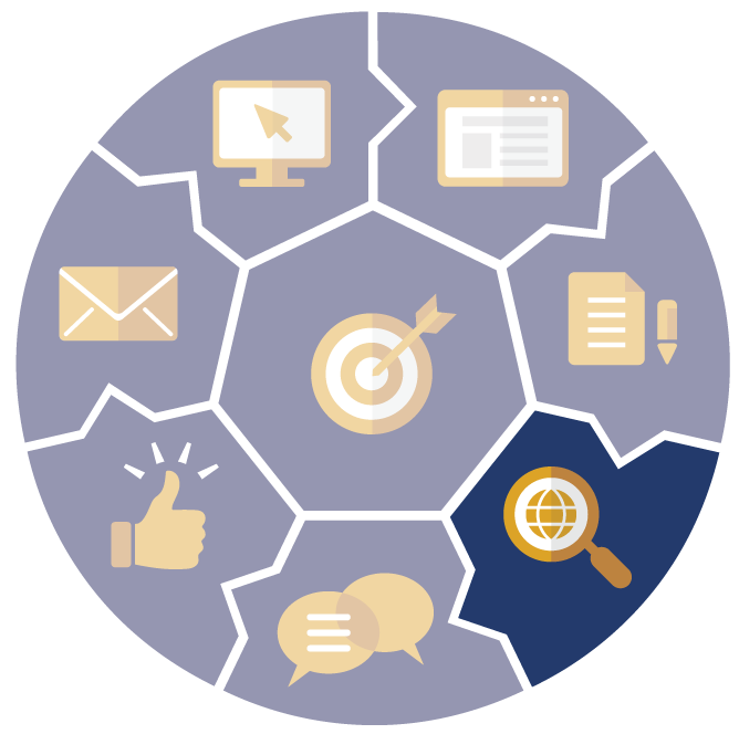 A circular diagram with icons representing marketing strategies, centered on a target.