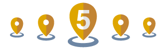 A group of map pins with the number five on them.