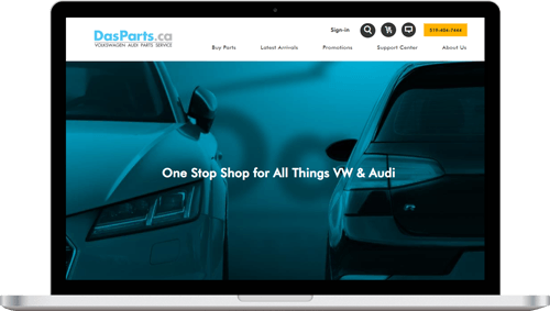Website homepage on laptop screen for DasParts.ca, featuring VW & Audi cars with teal overlay.