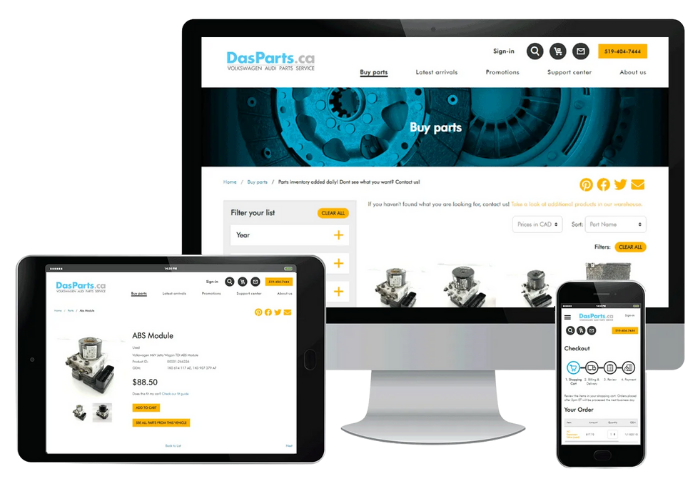 DasParts.co website displayed on a desktop computer, tablet, and smartphone showcasing product listings with a blue and gold color scheme.