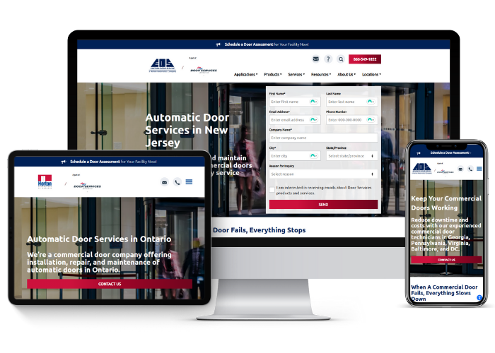 Website showcasing automatic door services, displayed on a desktop, tablet, and phone.