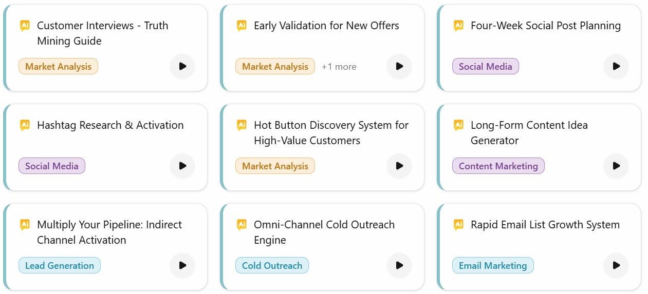 Nine card options with different titles and colored labels.