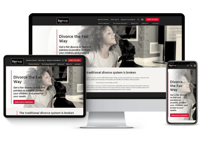 Website design on three devices: desktop, tablet, and phone. Features headline 
