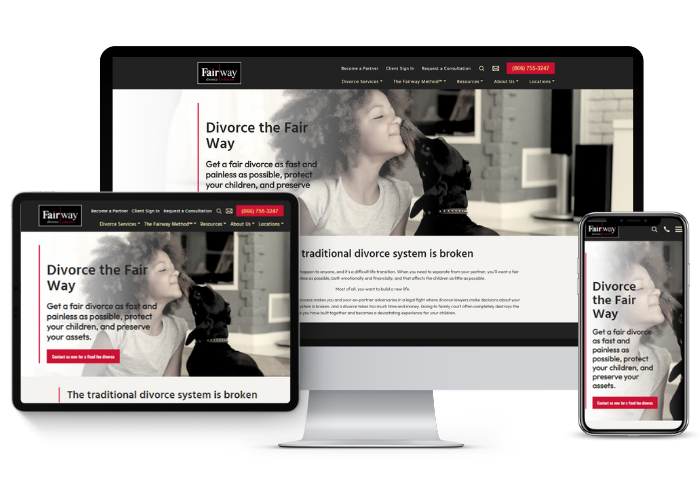 Fairway Divorce Website shown on desktop, tablet, and phone screens