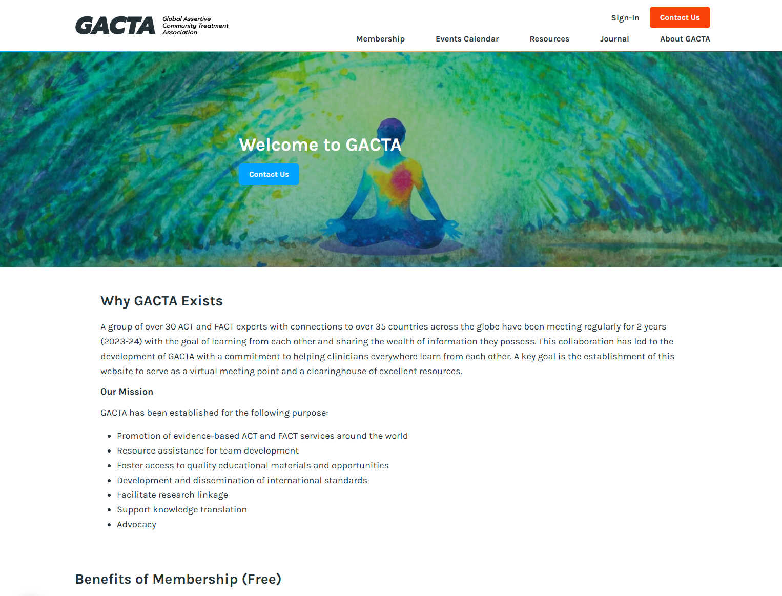 A stylized illustration of a person meditating in a lush green forest, centered on a website banner for GACTA.