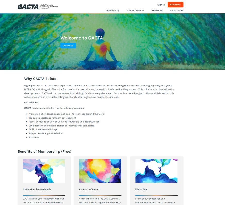 Screenshot of website welcome page for GACTA, with a person meditating in front of a colorful, nature-filled background.