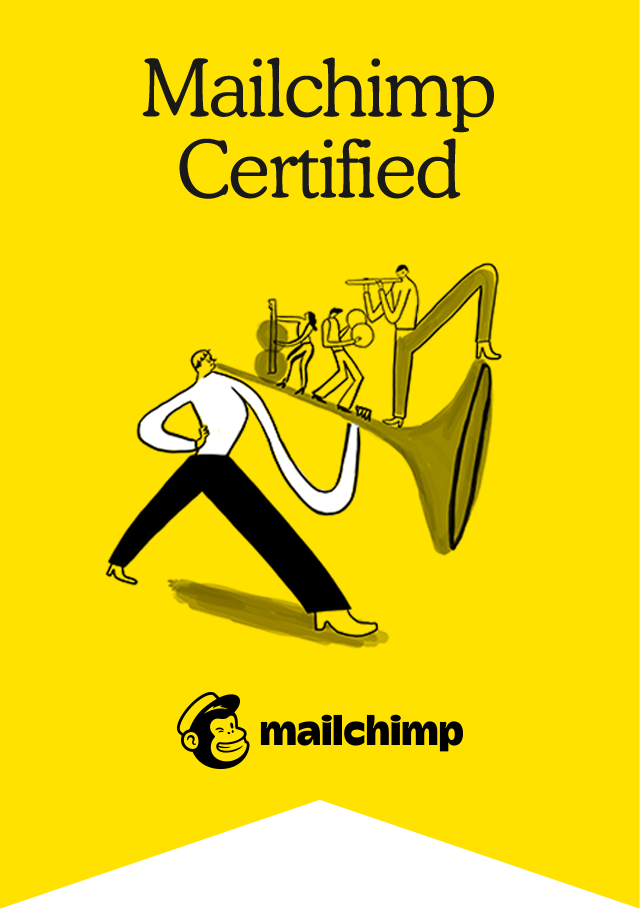 Mailchimp Certified badge. Yellow with a musician playing a large, curved instrument.