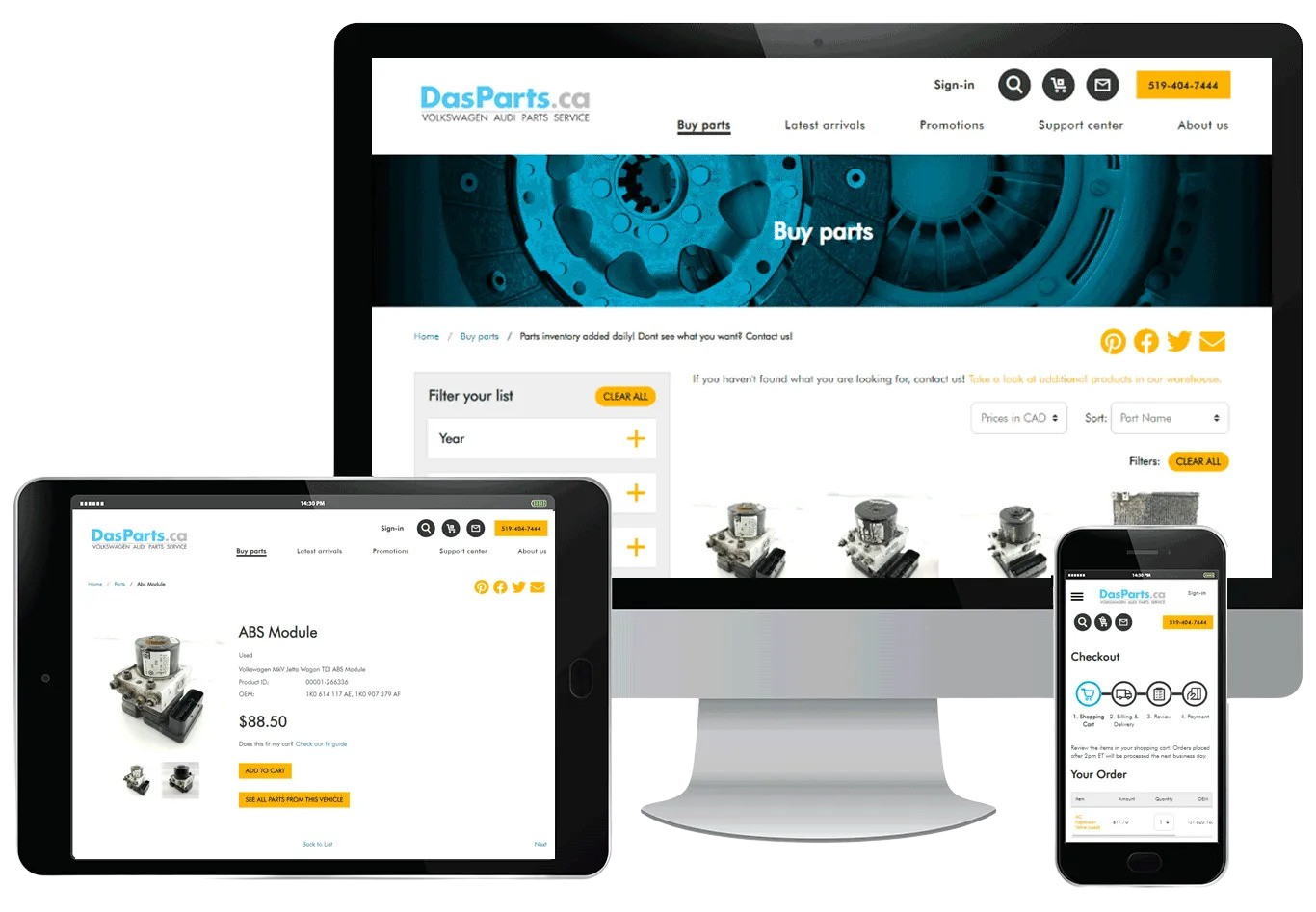 Das Parts website showing in 3 devices