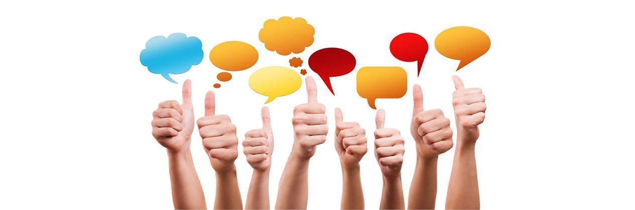 A group of people are giving a thumbs up with speech bubbles.