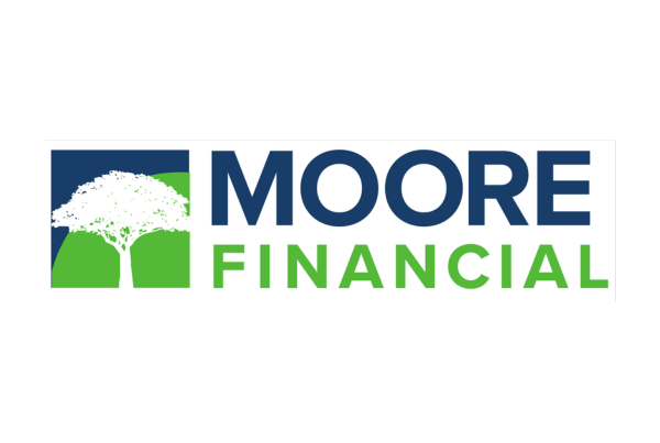 Logo for Moore Financial: Blue and green rectangles with a tree graphic, and the company name.