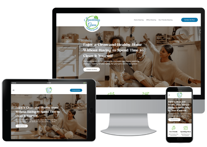 Responsive website mockup on desktop, tablet, and phone showing a cleaning company homepage