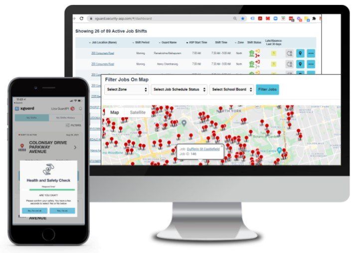 Smartphone and computer screen displaying job shift data and map with job locations.