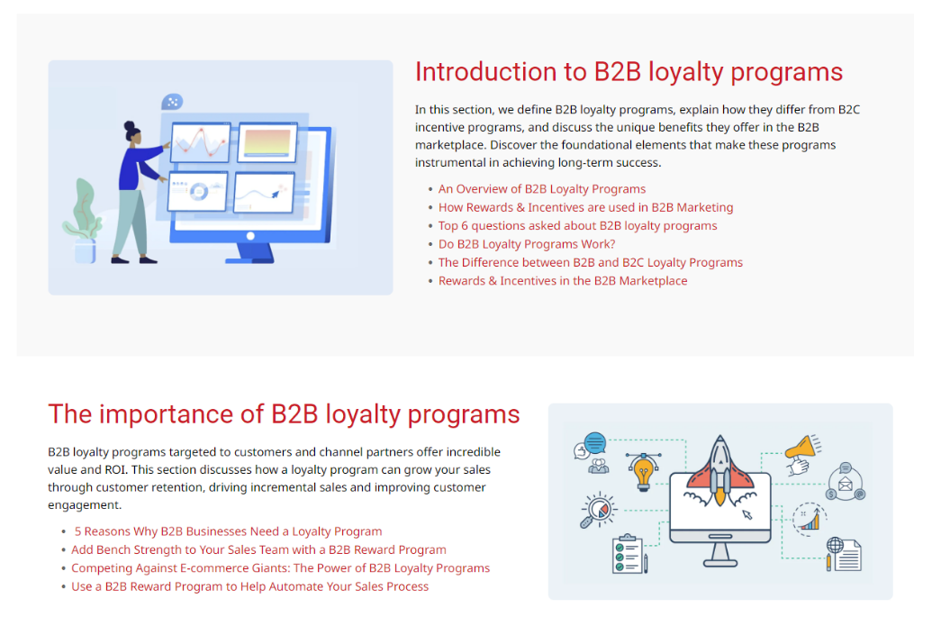 A presentation slide introduces B2B loyalty programs with an illustration and a rocket ship infographic.