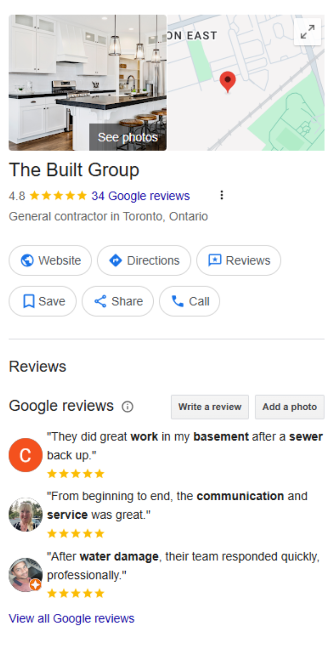 Screenshot of Google business listing for The Built Group, including reviews and map.