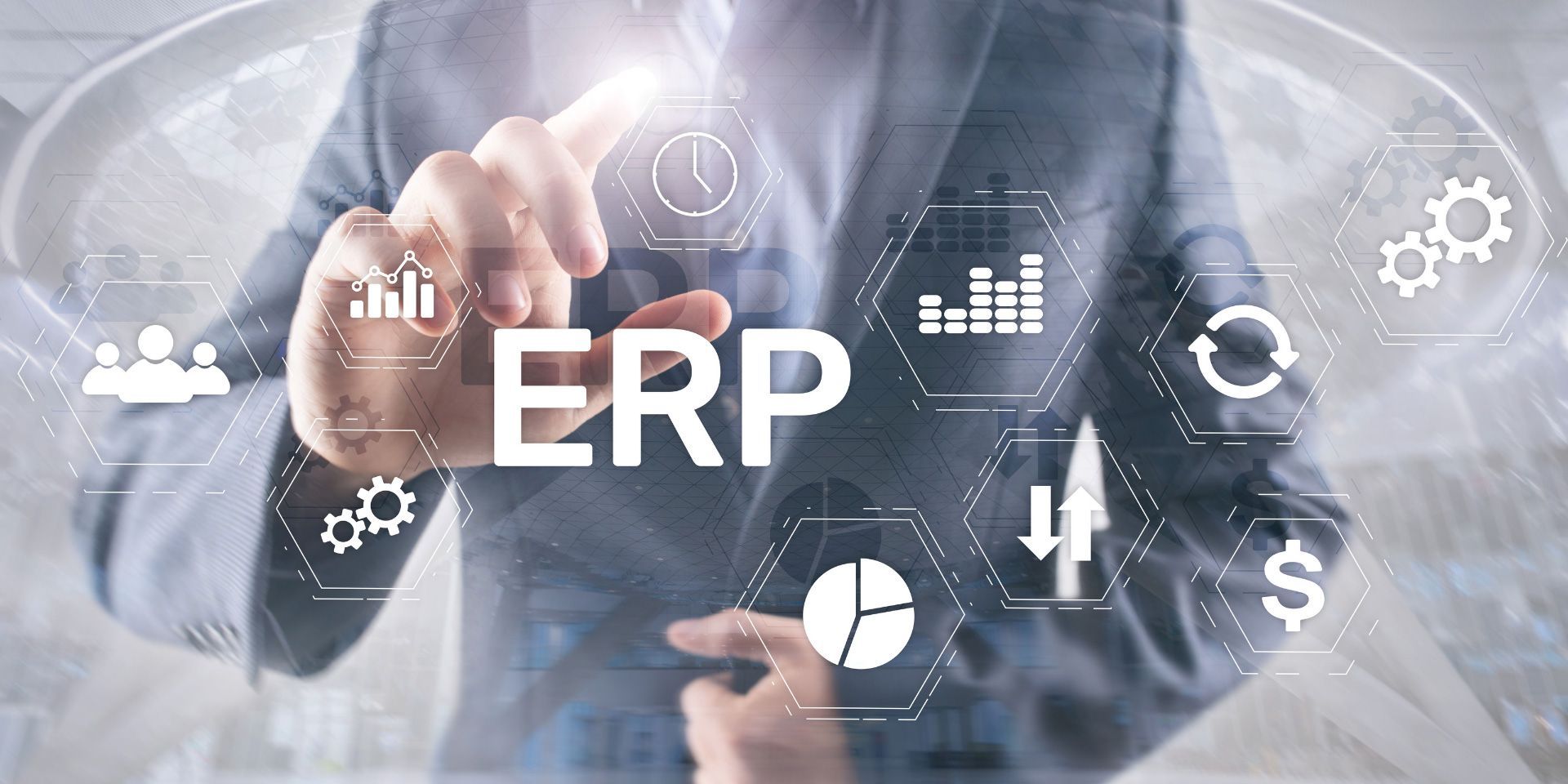 Hand touching virtual ERP dashboard icons and graphs on a blue tech interface
