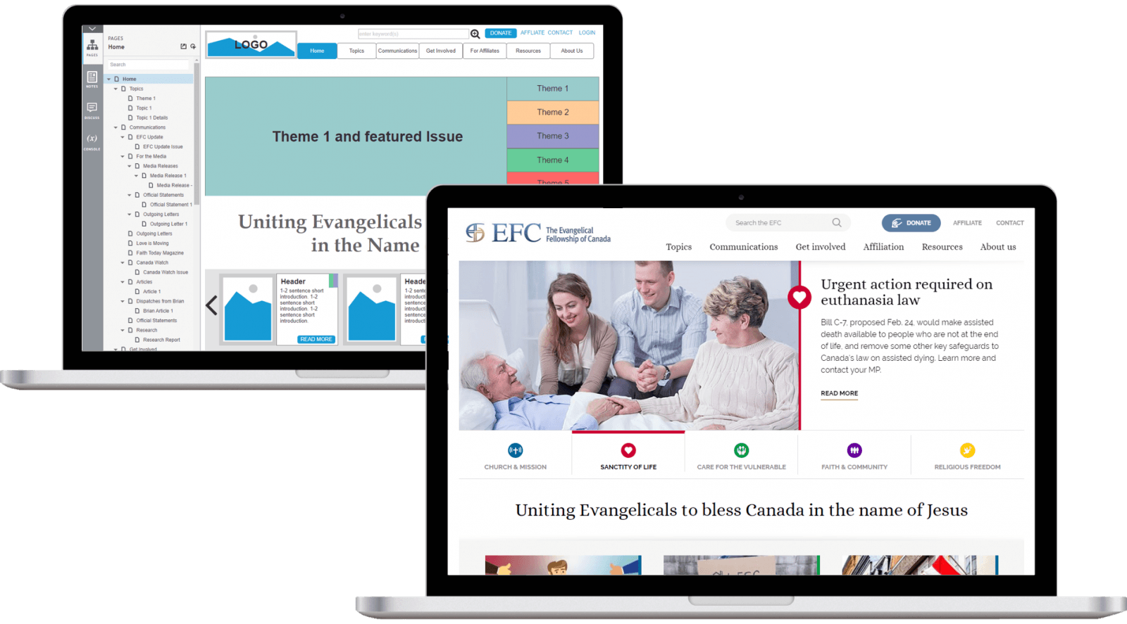 wireframe and live site of efc