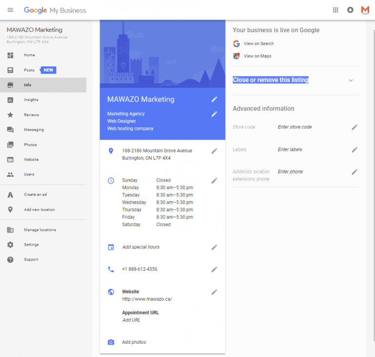 a google my business page for mawazo marketing