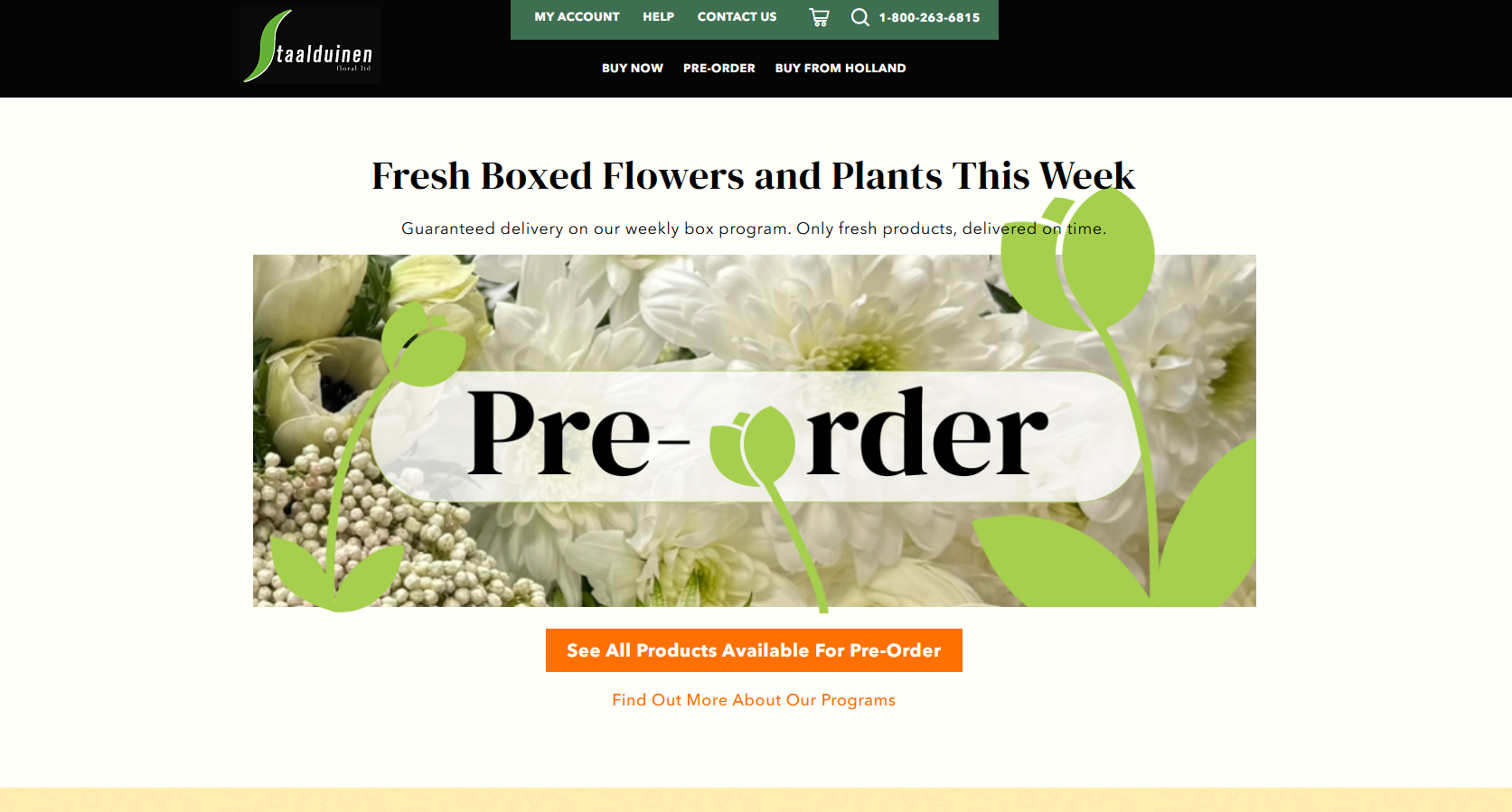 Fresh floral wreaths and plants collection with large "Pre-order" banner on a garden shop website
