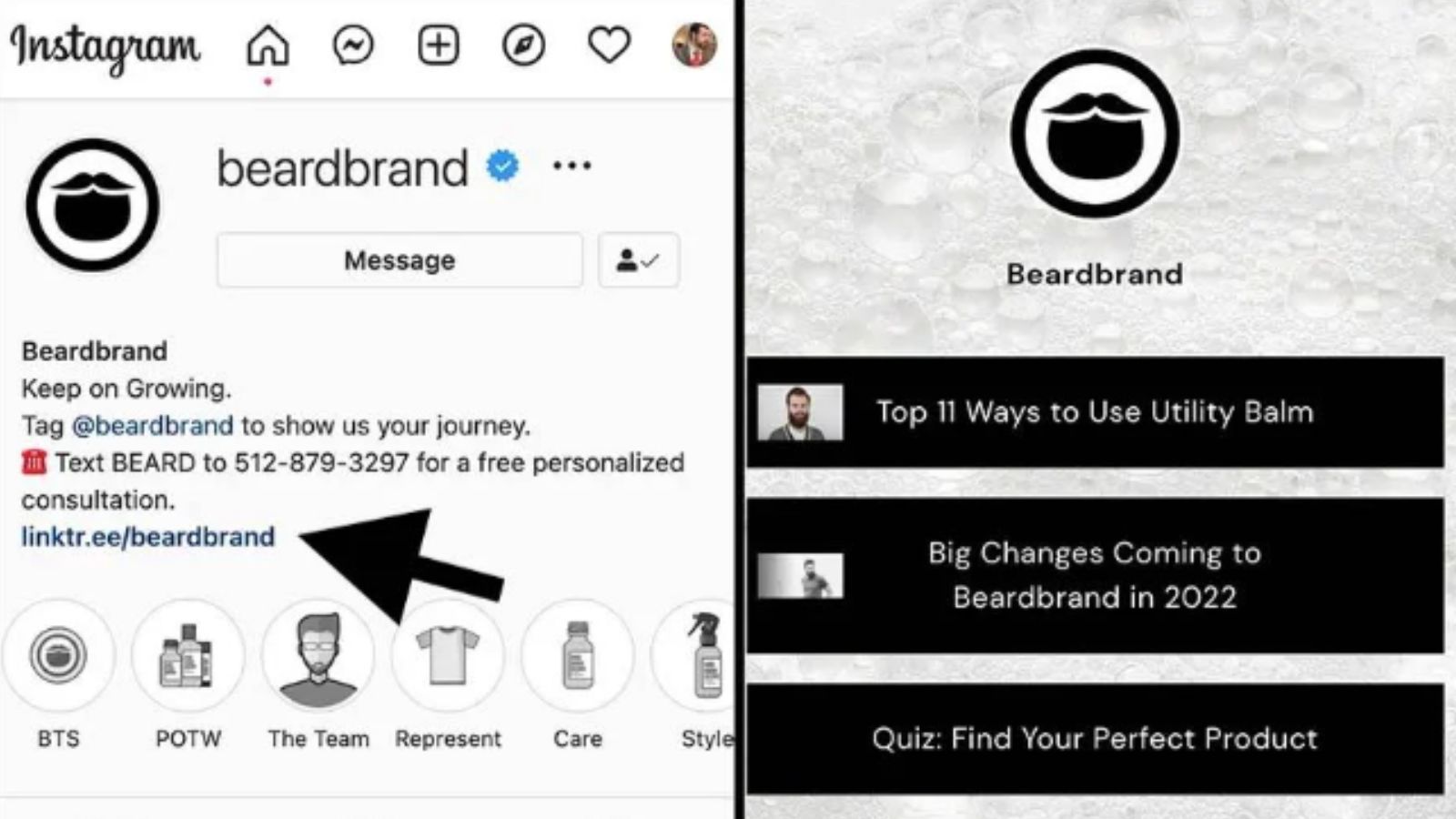 Instagram profile for Beardbrand showing a link to their website and recent posts.