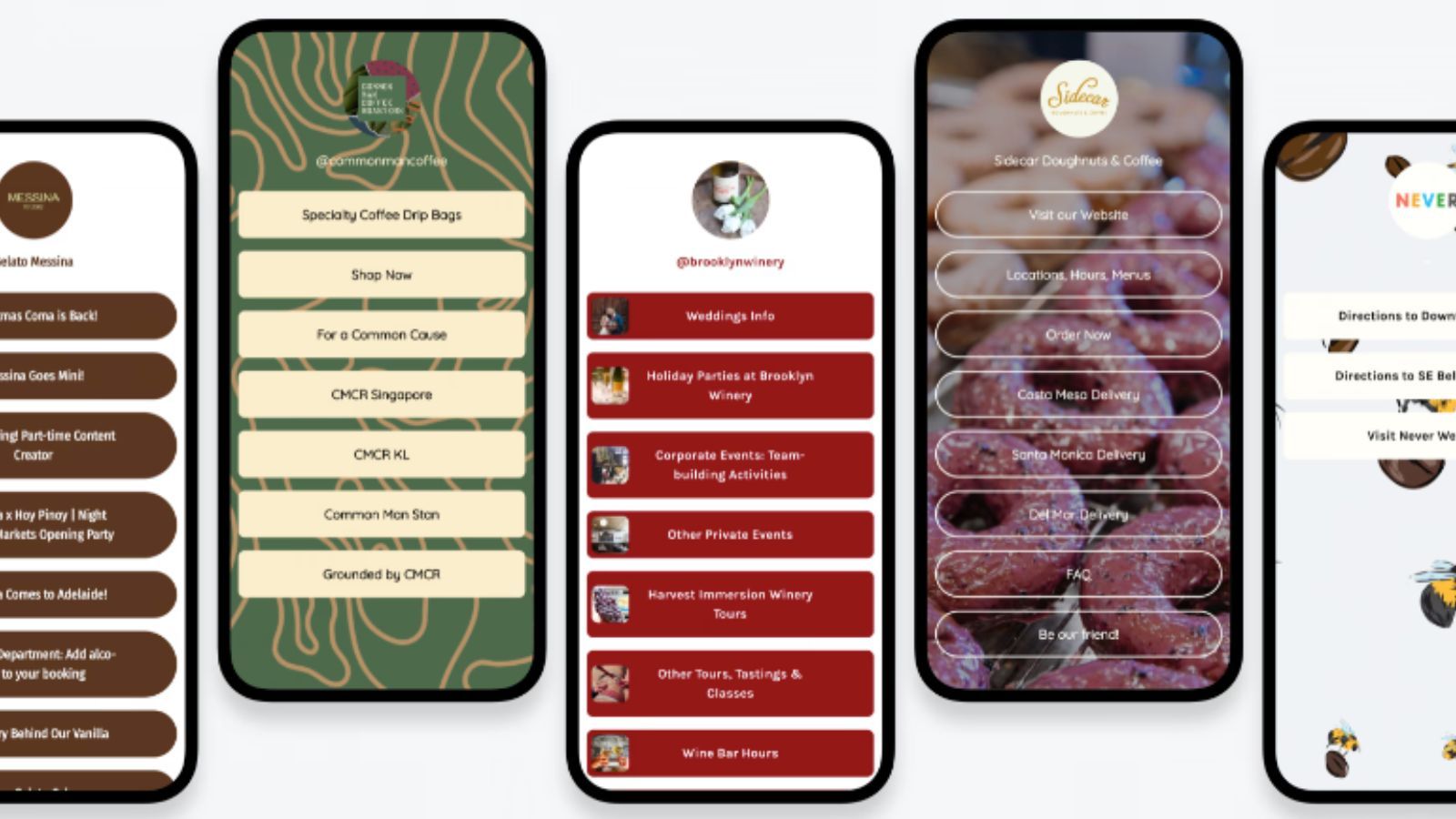 Five mobile phone screens showing different coffee shop app interfaces.