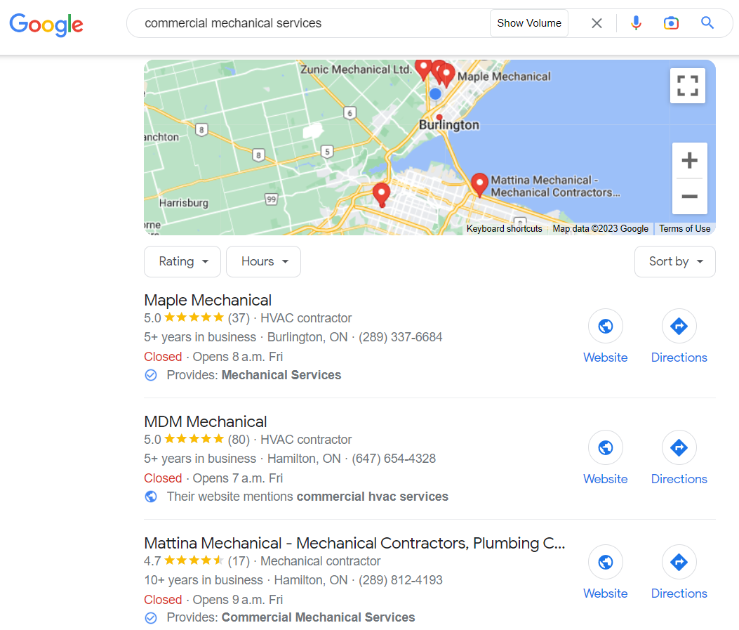 a google search for commercial mechanical services