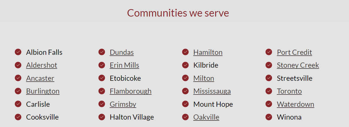 A list of communities we serve on a website