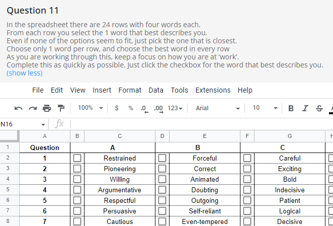 Spreadsheet with a questionnaire; rows of words describe personality traits.