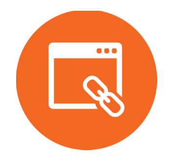 An orange circle with a white icon of a browser window and a chain.