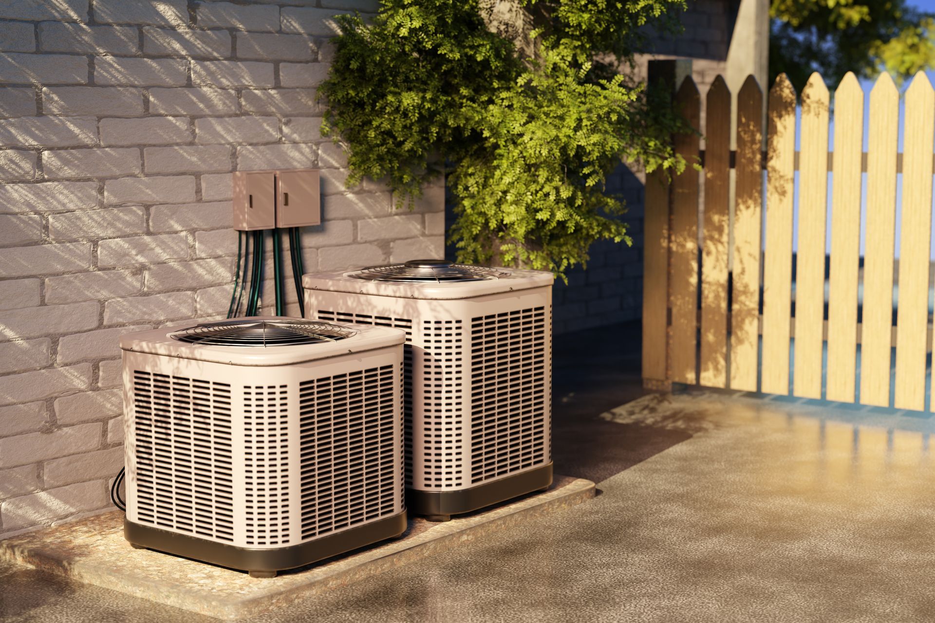 Two outdoor air conditioning units beside a brick wall and wooden fence in sunlight
