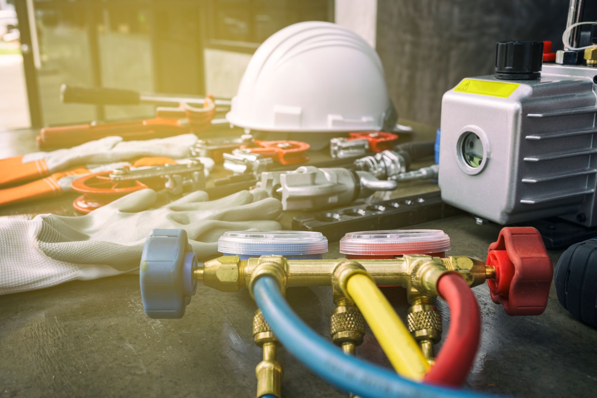 White hard hat and tools beside blue, red, and yellow hoses on a workbench